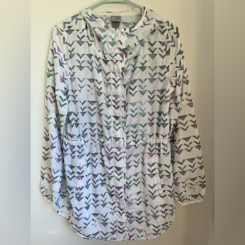 Champion Women’s Windbreaker White with Purple Geometric Pattern Size Small